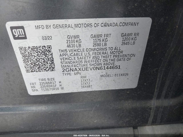 2GNAXUEV0N6144651 Chevrolet Equinox Awd Lt
