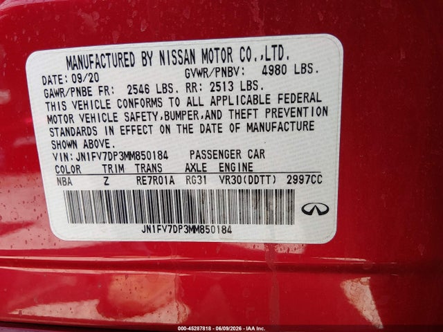 2021 Infiniti Q50 Red Sport 400 მანქანა იყიდება აუქციონზე, vin: JN1FV7DP3MM850184, აუქციონის ნომერი: 45287818