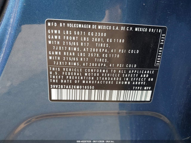 Продажа на аукционе авто 2019 Volkswagen Tiguan 2.0t Se/2.0t Sel/2.0t Sel R-line/2.0t Sel R-line Black, vin: 3VV2B7AX2KM016550, номер лота: 45287828