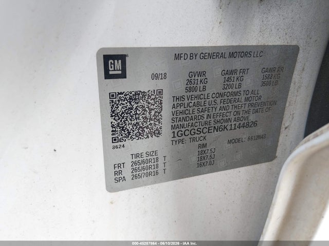 Продаж на аукціоні авто 2019 Chevrolet Colorado Lt, vin: 1GCGSCEN6K1144826, номер лоту: 45287864