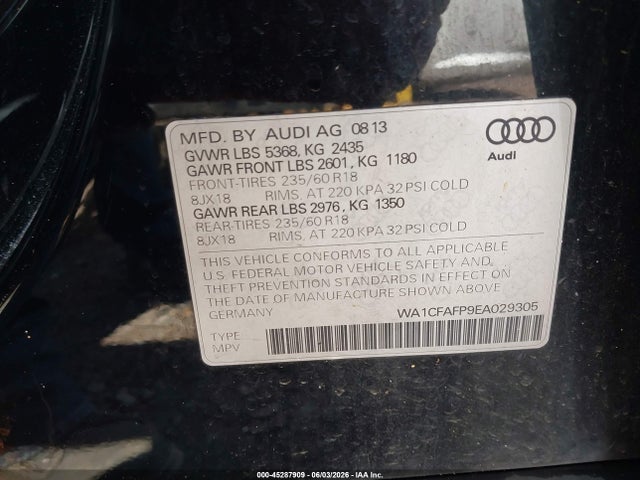 Продаж на аукціоні авто 2014 Audi Q5 2.0t Premium, vin: WA1CFAFP9EA029305, номер лоту: 45287909