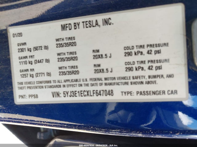 5YJ3E1ECXLF647048 Tesla Model 3 Performance Dual Motor All-wheel Drive