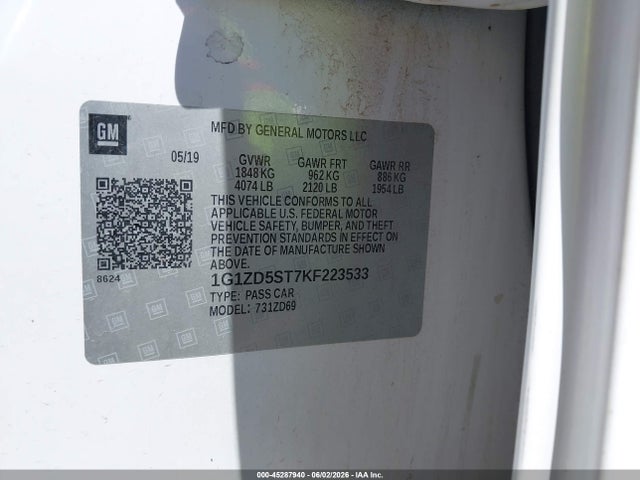 Продаж на аукціоні авто 2019 Chevrolet Malibu Lt, vin: 1G1ZD5ST7KF223533, номер лоту: 45287940
