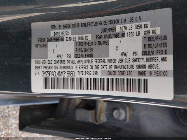 Aukcja sprzedaży 2022 Mazda Mazda3 Carbon Edition, vin: 3MZBPACL4NM316860, numer aukcji: 45287987