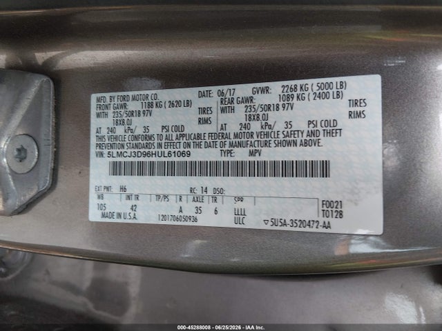 Продаж на аукціоні авто 2017 Lincoln Mkc Reserve, vin: 5LMCJ3D96HUL61069, номер лоту: 45288008