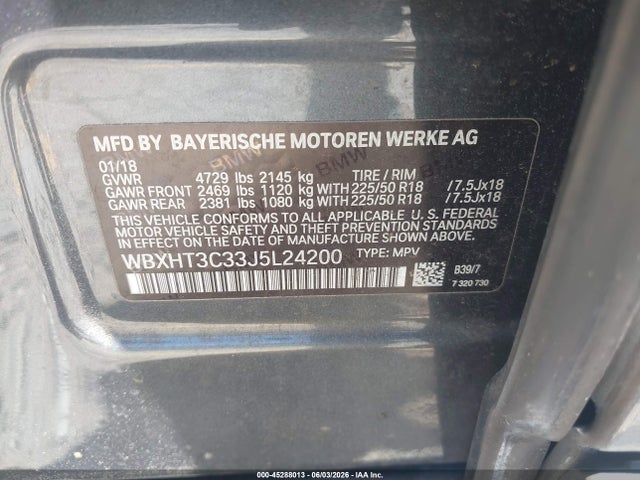 2018 Bmw X1 Xdrive28i მანქანა იყიდება აუქციონზე, vin: WBXHT3C33J5L24200, აუქციონის ნომერი: 45288013