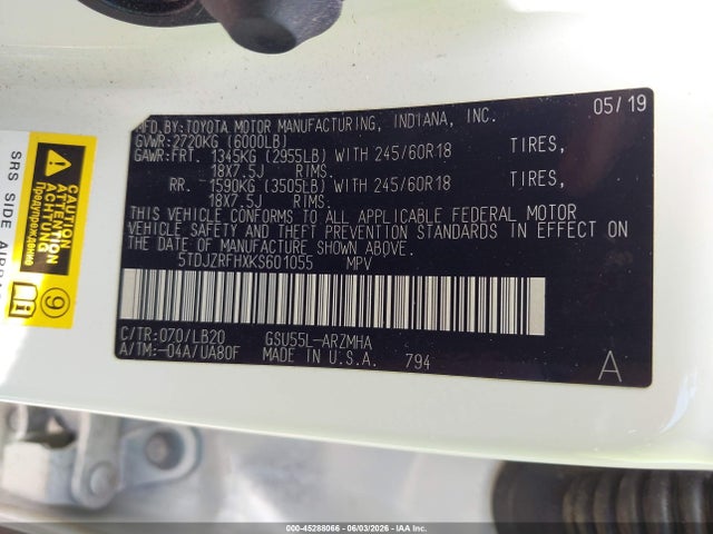 Aukcja sprzedaży 2019 Toyota Highlander Xle, vin: 5TDJZRFHXKS601055, numer aukcji: 45288066