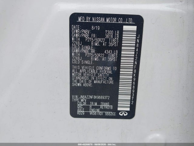 Aukcja sprzedaży 2019 Infiniti Qx80 Luxe, vin: JN8AZ2NF8K9689372, numer aukcji: 45288078