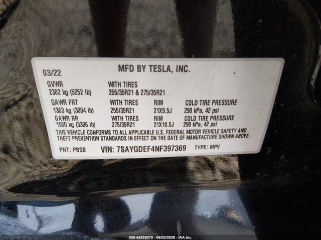2022 Tesla Model Y Performance Dual Motor All-wheel Drive მანქანა იყიდება აუქციონზე, vin: 7SAYGDEF4NF397369, აუქციონის ნომერი: 45288079