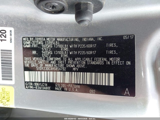 Продажа на аукционе авто 2017 Toyota Sienna Xle Premium 8 Passenger, vin: 5TDYZ3DCXHS854792, номер лота: 45288102