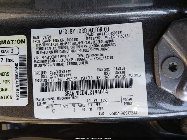 Продаж на аукціоні авто 2020 Ford Fusion Sel, vin: 3FA6P0CD4LR194014, номер лоту: 45288111