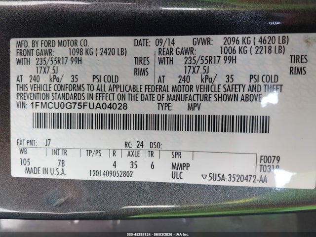 Aukcja sprzedaży 2015 Ford Escape Se, vin: 1FMCU0G75FUA04028, numer aukcji: 45288124
