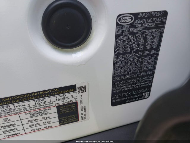 Aukcja sprzedaży 2021 Land Rover Range Rover Velar P250 R-dynamic S, vin: SALYT2EX1MA308671, numer aukcji: 45288139