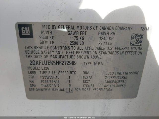 Продажа на аукционе авто 2017 Gmc Terrain Slt, vin: 2GKFLUEK5H6272909, номер лота: 45288152