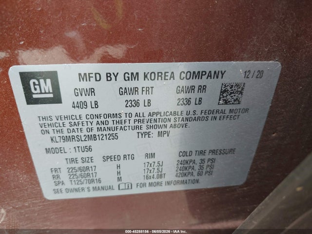 Продаж на аукціоні авто 2021 Chevrolet Trailblazer Awd Lt, vin: KL79MRSL2MB121255, номер лоту: 45288156