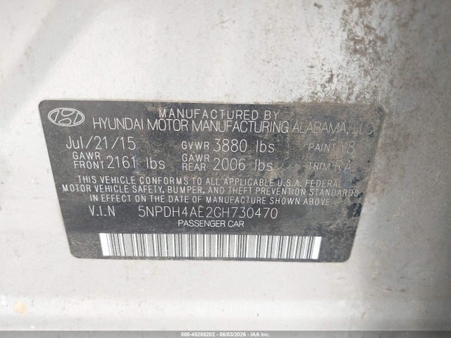 Aukcja sprzedaży 2016 Hyundai Elantra Se, vin: 5NPDH4AE2GH730470, numer aukcji: 45288202