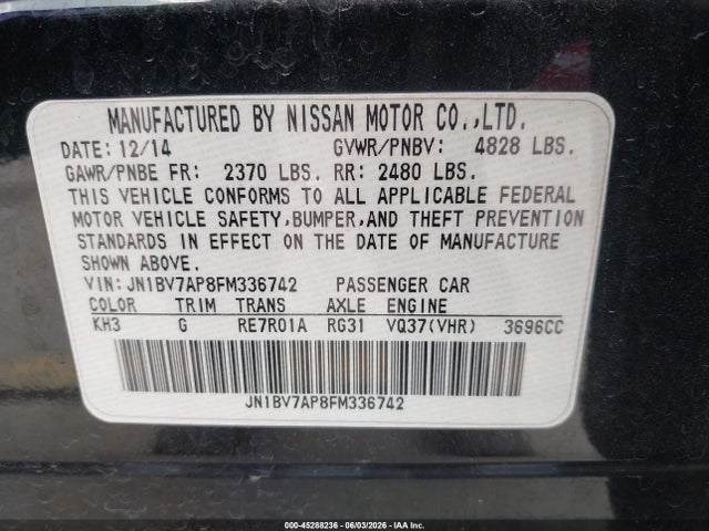 Продажа на аукционе авто 2015 Infiniti Q50 Premium, vin: JN1BV7AP8FM336742, номер лота: 45288236