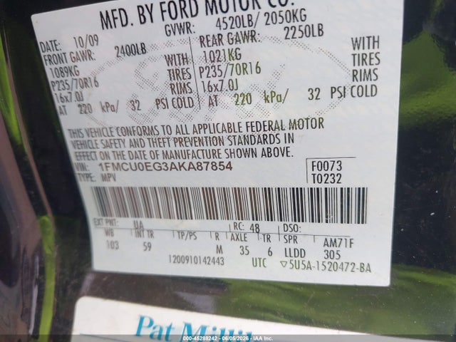 Aukcja sprzedaży 2010 Ford Escape Limited, vin: 1FMCU0EG3AKA87854, numer aukcji: 45288242