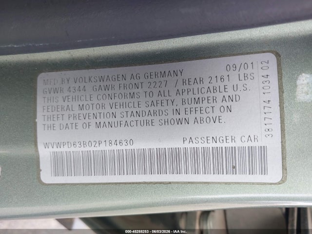 Aukcja sprzedaży 2002 Volkswagen Passat Gls, vin: WVWPD63B02P184630, numer aukcji: 45288253