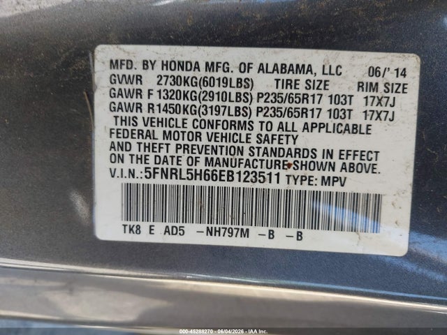 Aukcja sprzedaży 2014 Honda Odyssey Ex-l, vin: 5FNRL5H66EB123511, numer aukcji: 45288270