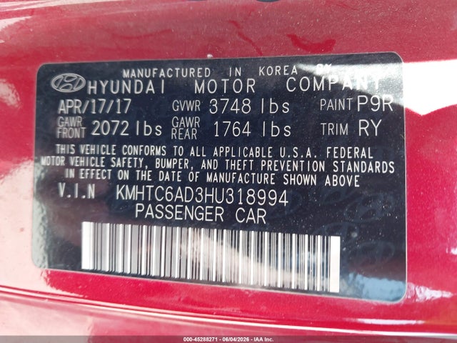 Aukcja sprzedaży 2017 Hyundai Veloster Value Edition, vin: KMHTC6AD3HU318994, numer aukcji: 45288271
