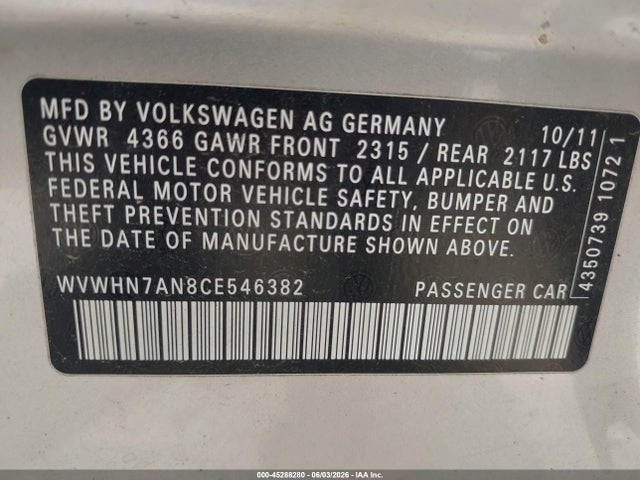 2012 Volkswagen Cc Lux მანქანა იყიდება აუქციონზე, vin: WVWHN7AN8CE546382, აუქციონის ნომერი: 45288280