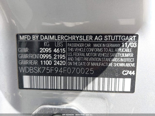 Продаж на аукціоні авто 2004 Mercedes-benz Sl 500, vin: WDBSK75F94F070025, номер лоту: 45288288