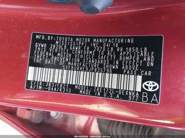 Toyota COROLLA LE 2018 5YFBURHE9JP835796 Image 9