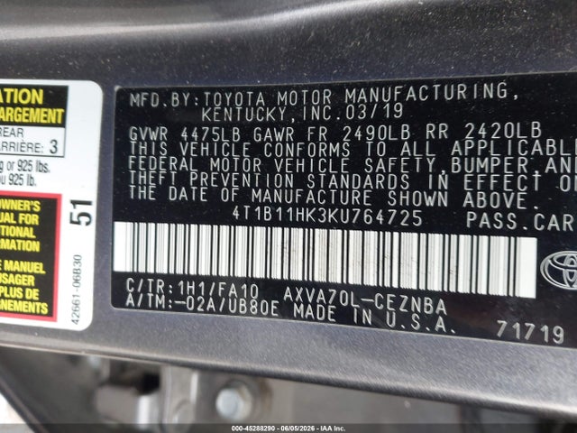 4T1B11HK3KU764725 Toyota CAMRY LE