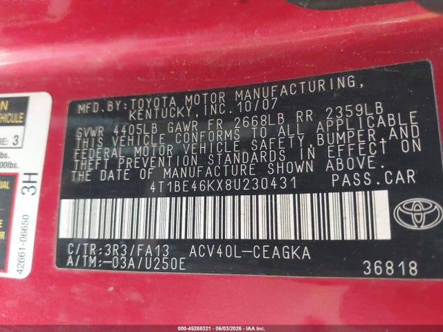 Продажа на аукционе авто 2008 Toyota Camry Xle, vin: 4T1BE46KX8U230431, номер лота: 45288321