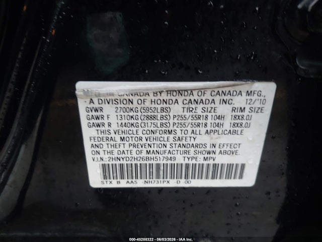 Auction sale of the 2011 Acura Mdx, vin: 2HNYD2H26BH517949, lot number: 45288322