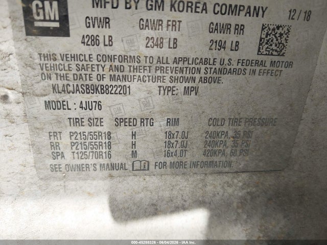 45288326 :رقم المزاد ، KL4CJASB9KB822201 vin ، 2019 Buick Encore Fwd Preferred مزاد بيع