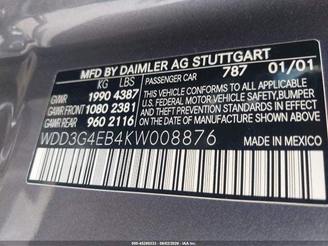 Aukcja sprzedaży 2019 Mercedes-benz A 220, vin: WDD3G4EB4KW008876, numer aukcji: 45288333