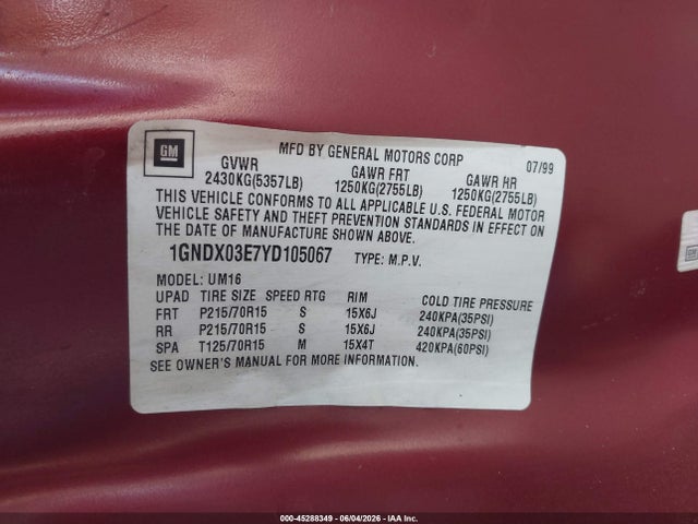 2000 Chevrolet Venture Lt მანქანა იყიდება აუქციონზე, vin: 1GNDX03E7YD105067, აუქციონის ნომერი: 45288349