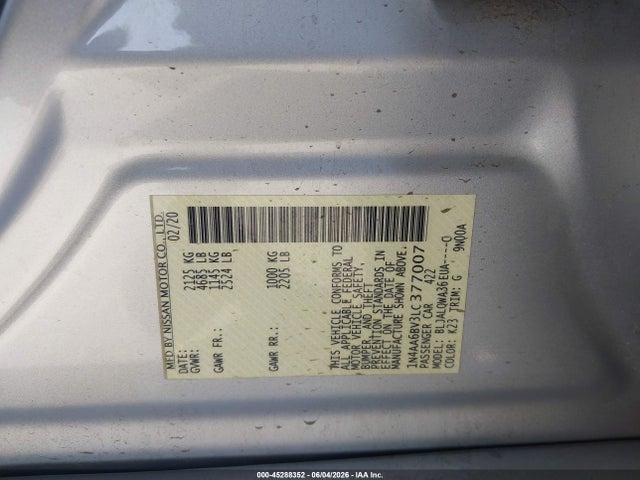 Aukcja sprzedaży 2020 Nissan Maxima S Xtronic Cvt, vin: 1N4AA6BV3LC377007, numer aukcji: 45288352