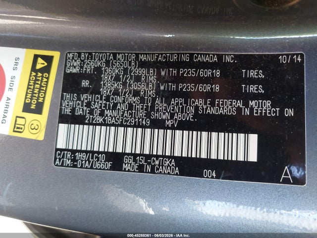 45288361 :رقم المزاد ، 2T2BK1BA5FC291149 vin ، 2015 Lexus Rx 350 مزاد بيع