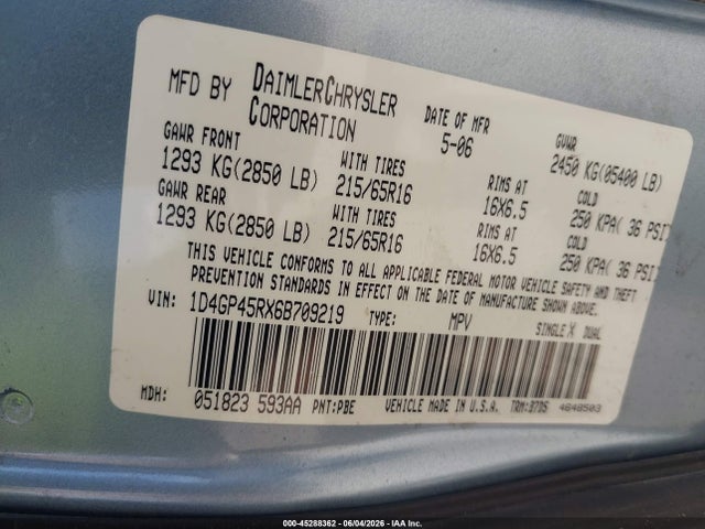 45288362 :رقم المزاد ، 1D4GP45RX6B709219 vin ، 2006 Dodge Caravan Sxt مزاد بيع