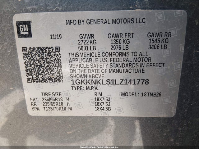1GKKNKLS1LZ141778 GMC Acadia Fwd Sle