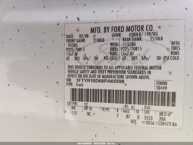 45288367 :رقم المزاد ، 1FTYR10D68PA65598 vin ، 2008 Ford Ranger Xl/xlt مزاد بيع