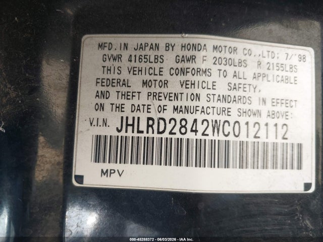 Aukcja sprzedaży 1998 Honda Cr-v Lx, vin: JHLRD2842WC012112, numer aukcji: 45288372