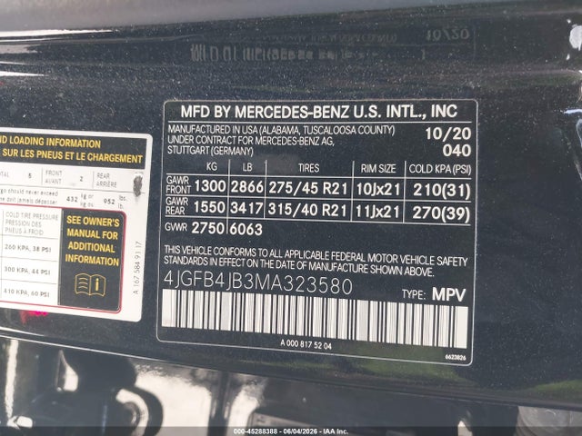 Aukcja sprzedaży 2021 Mercedes-benz Gle 350, vin: 4JGFB4JB3MA323580, numer aukcji: 45288388