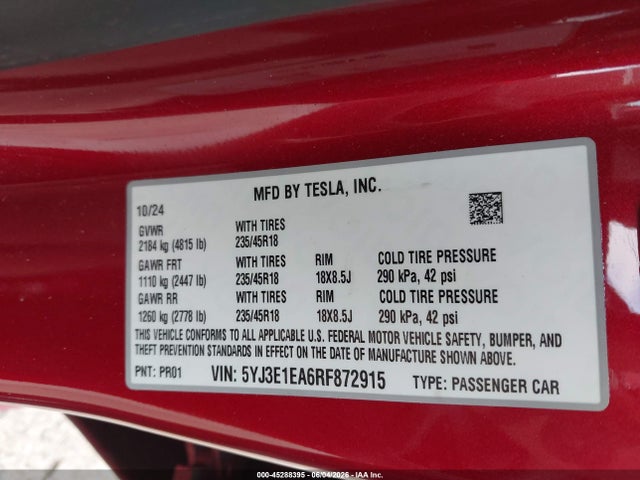 5YJ3E1EA6RF872915 Tesla Model 3 Long Range Dual Motor All-wheel Drive/rear-wheel Drive