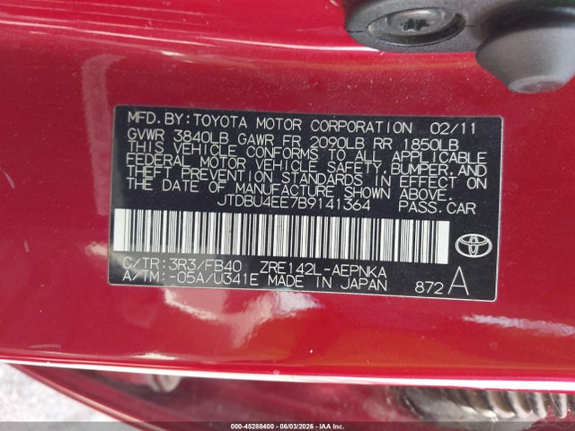 Aukcja sprzedaży 2011 Toyota Corolla Le, vin: JTDBU4EE7B9141364, numer aukcji: 45288400