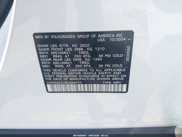 Продажа на аукционе авто 2024 Volkswagen Atlas Cross Sport 2.0t Sel Premium R-line, vin: 1V2FE2CA1RC264270, номер лота: 45288407