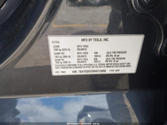45288411 :رقم المزاد ، 7SAYGDEE6RA313868 vin ، 2024 Tesla Model Y Long Range Dual Motor All-wheel Drive مزاد بيع