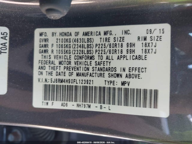 Honda Cr-v Touring 2015 5J6RM4H90FL123921 Image 9