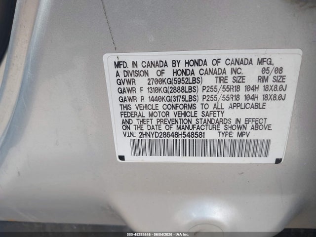 45288446 :رقم المزاد ، 2HNYD28648H548581 vin ، 2008 Acura Mdx Technology Package مزاد بيع