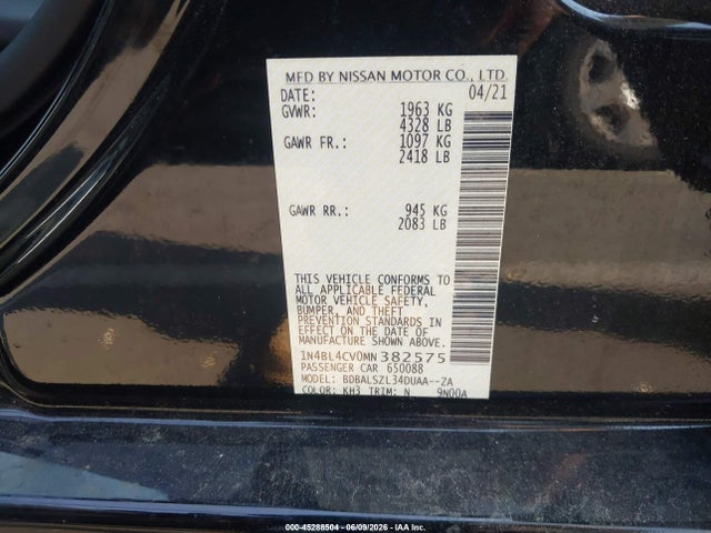 45288504 :رقم المزاد ، 1N4BL4CV0MN382575 vin ، 2021 Nissan Altima Sr Fwd مزاد بيع