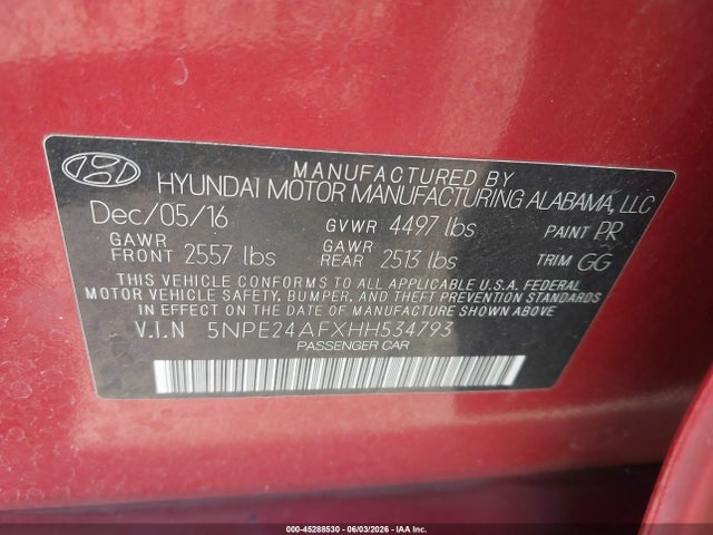 Aukcja sprzedaży 2017 Hyundai Sonata, vin: 5NPE24AFXHH534793, numer aukcji: 45288530