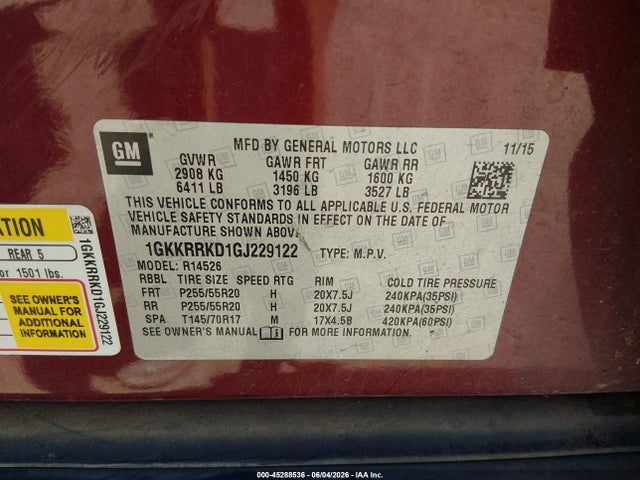 2016 Gmc Acadia Slt-1 მანქანა იყიდება აუქციონზე, vin: 1GKKRRKD1GJ229122, აუქციონის ნომერი: 45288536